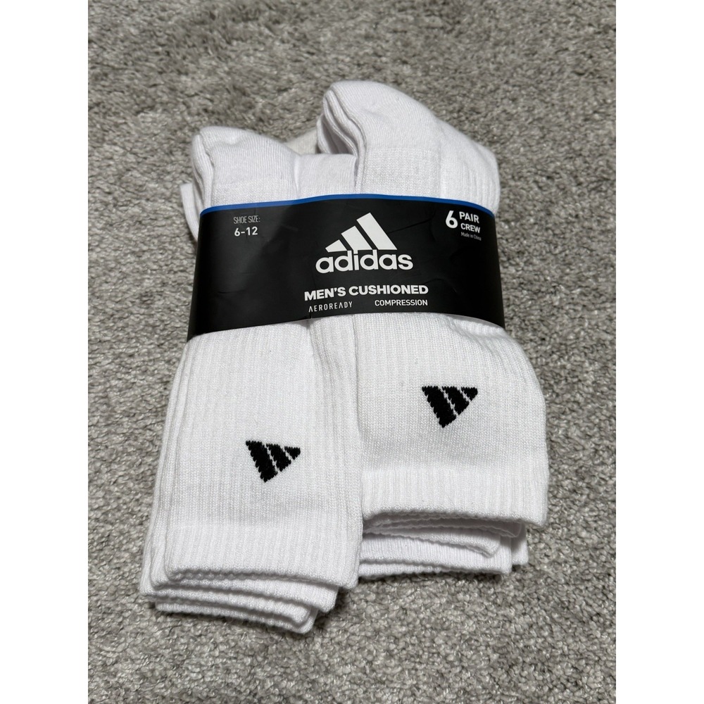 Adidas Men's Athletic Cushioned Crew Socks White 6 Pairs Size 6-12 NWT